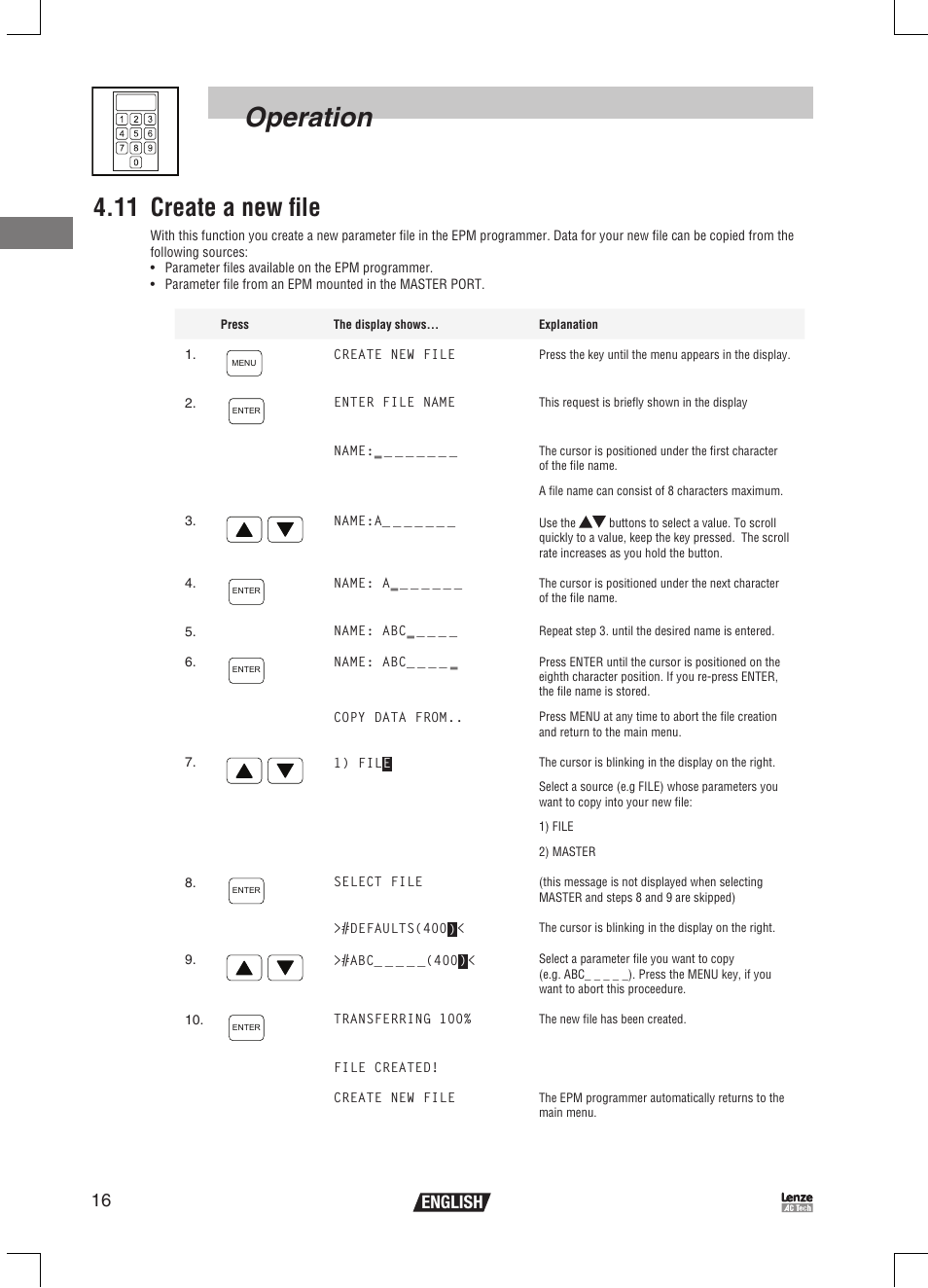 Operation, 11 create a new file, 16 english | Lenze EPM Programmer EEPM1RA User Manual | Page 18 / 114