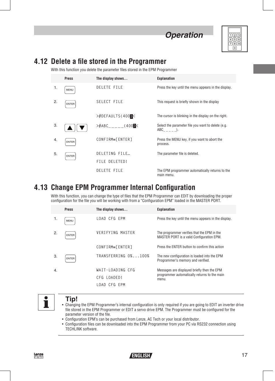 Operation, 12 delete a file stored in the programmer, 13 change epm programmer internal configuration | 17 english | Lenze EPM Programmer EEPM1RA User Manual | Page 19 / 114