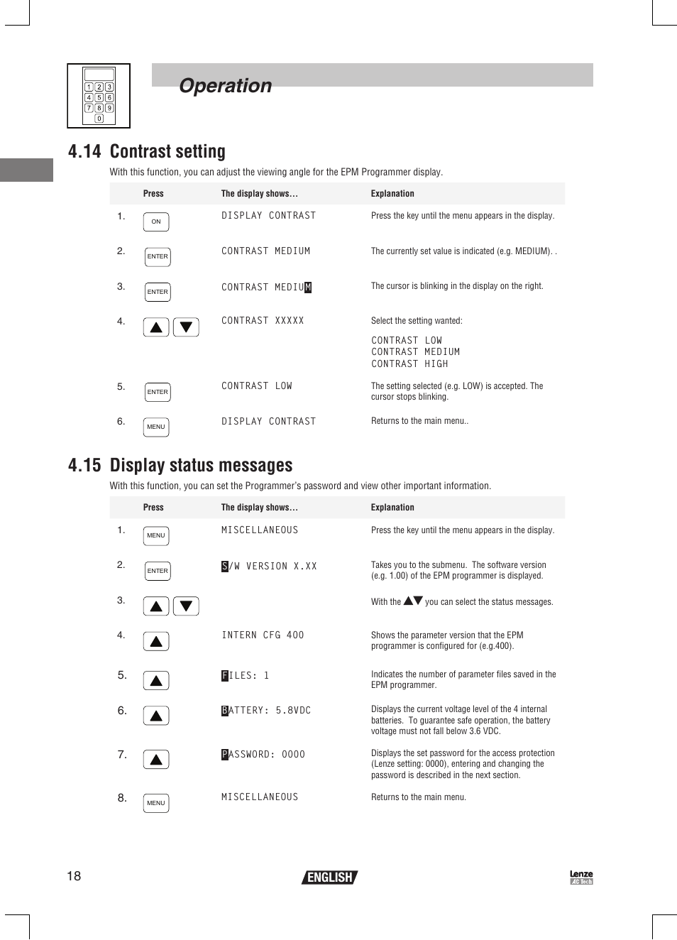 Operation, 14 contrast setting, 15 display status messages | 18 english | Lenze EPM Programmer EEPM1RA User Manual | Page 20 / 114