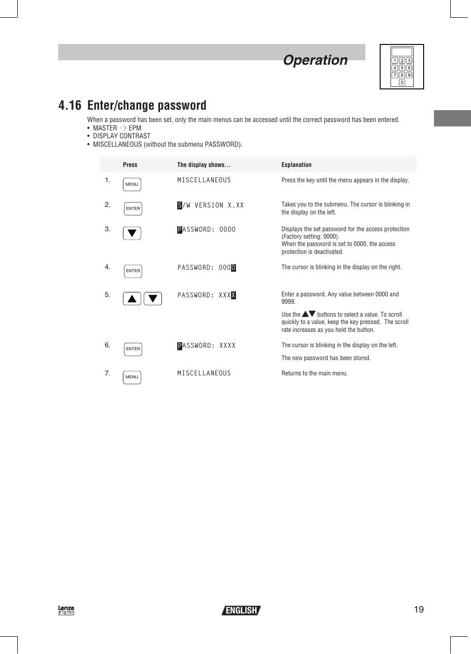 Operation, 16 enter/change password, 19 english | Lenze EPM Programmer EEPM1RA User Manual | Page 21 / 114