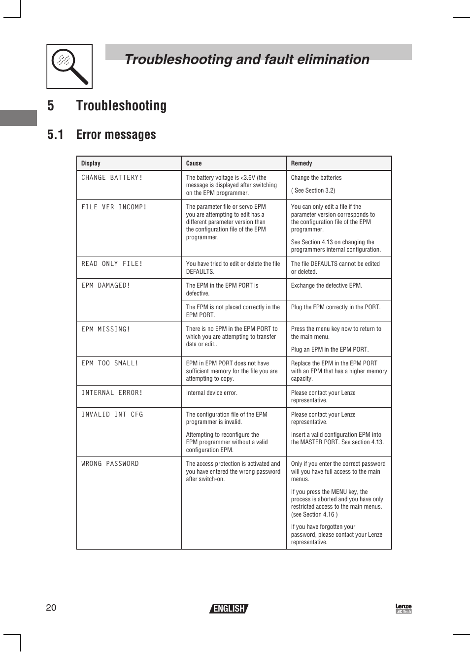 1 error messages, 20 english | Lenze EPM Programmer EEPM1RA User Manual | Page 22 / 114