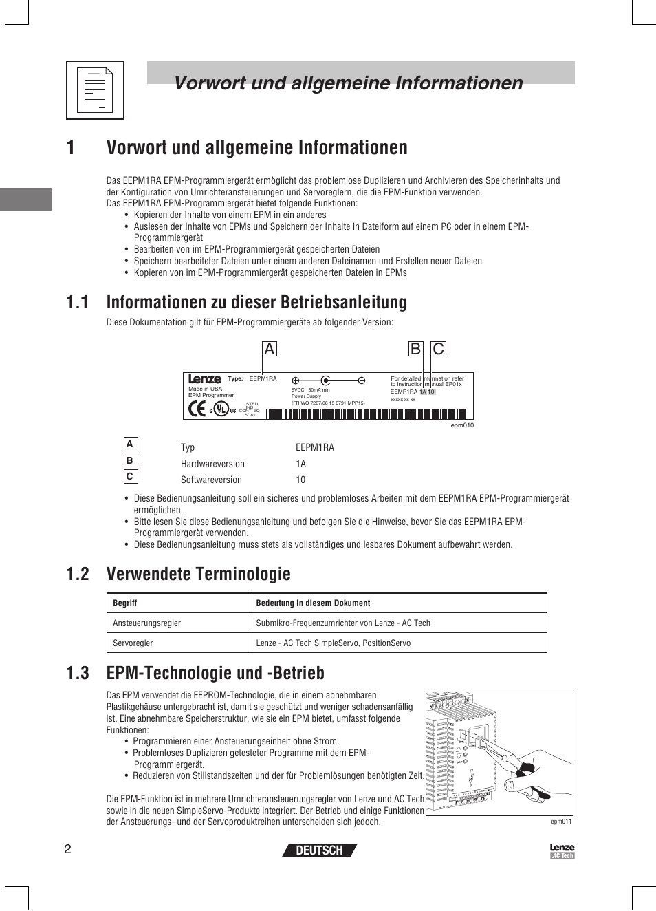 1 informationen zu dieser betriebsanleitung, 2 verwendete terminologie, 3 epm-technologie und -betrieb | Ab c, 2deutsch | Lenze EPM Programmer EEPM1RA User Manual | Page 26 / 114