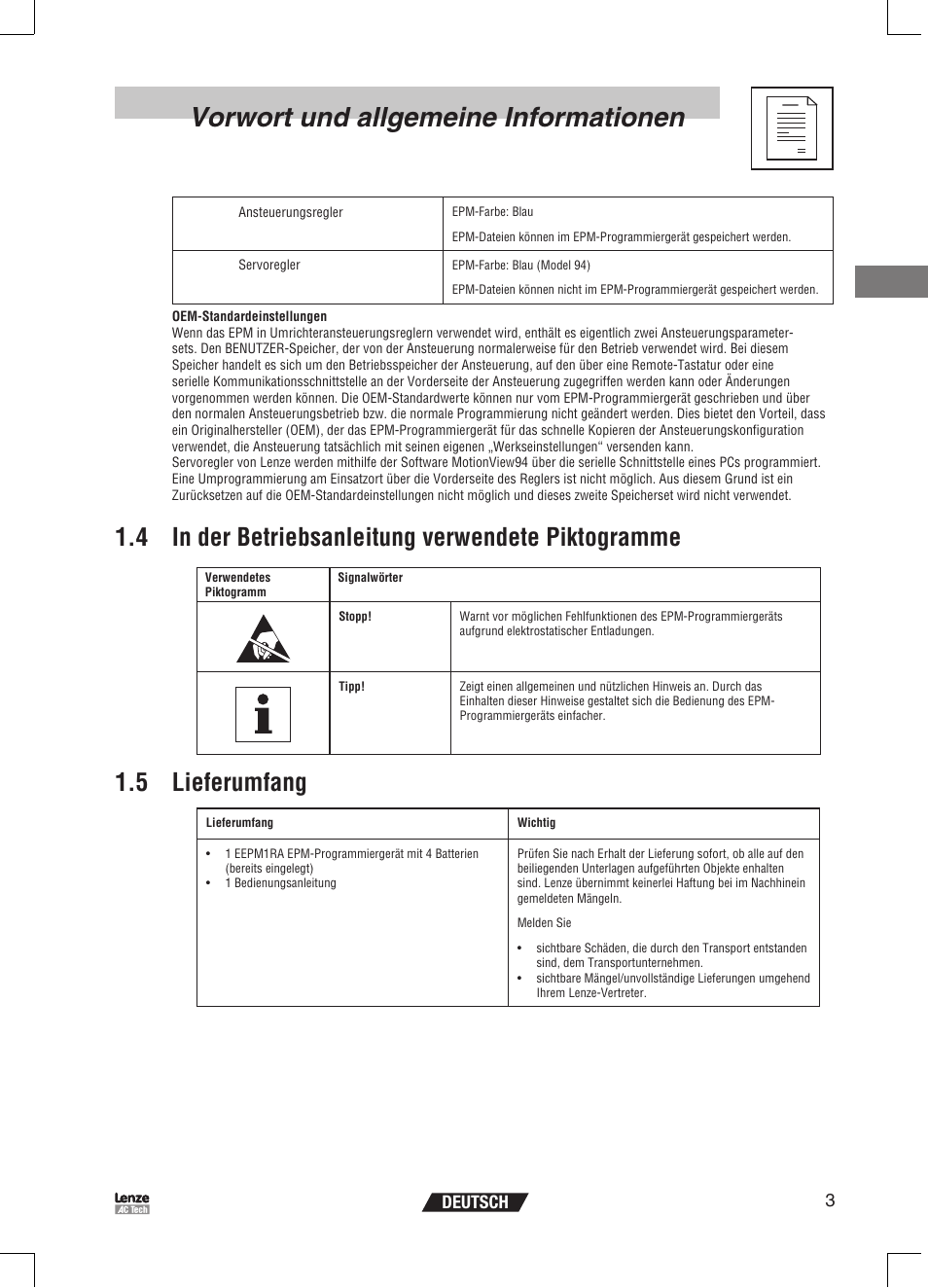 Vorwort und allgemeine informationen, 4 in der betriebsanleitung verwendete piktogramme, 5 lieferumfang | 3deutsch | Lenze EPM Programmer EEPM1RA User Manual | Page 27 / 114