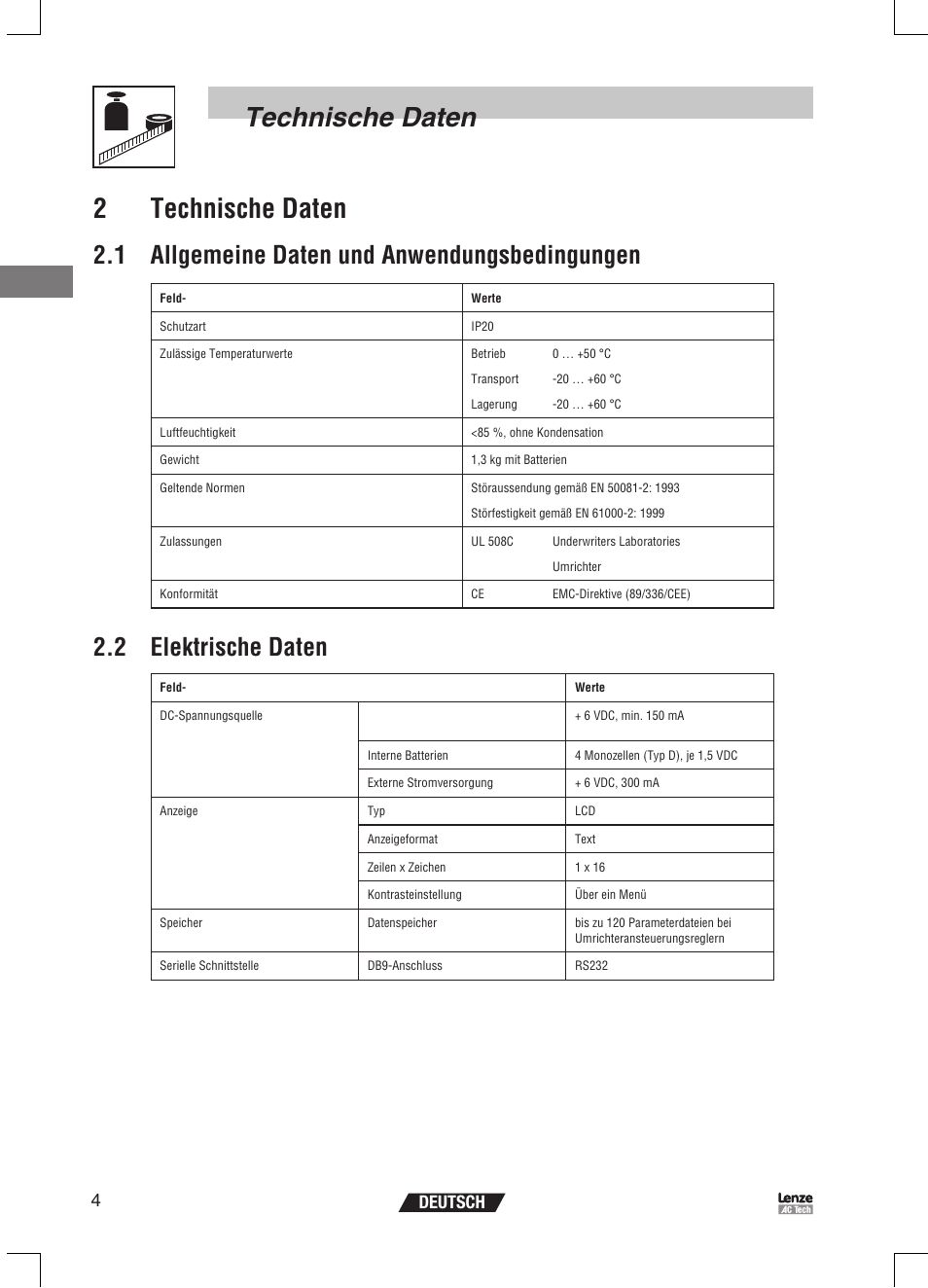 Technische daten 2 technische daten, 1 allgemeine daten und anwendungsbedingungen, 2 elektrische daten | 4deutsch | Lenze EPM Programmer EEPM1RA User Manual | Page 28 / 114