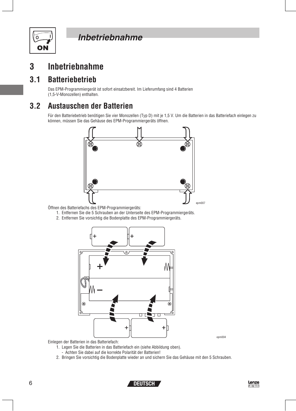 Inbetriebnahme 3 inbetriebnahme, 1 batteriebetrieb, 2 austauschen der batterien | Lenze EPM Programmer EEPM1RA User Manual | Page 30 / 114