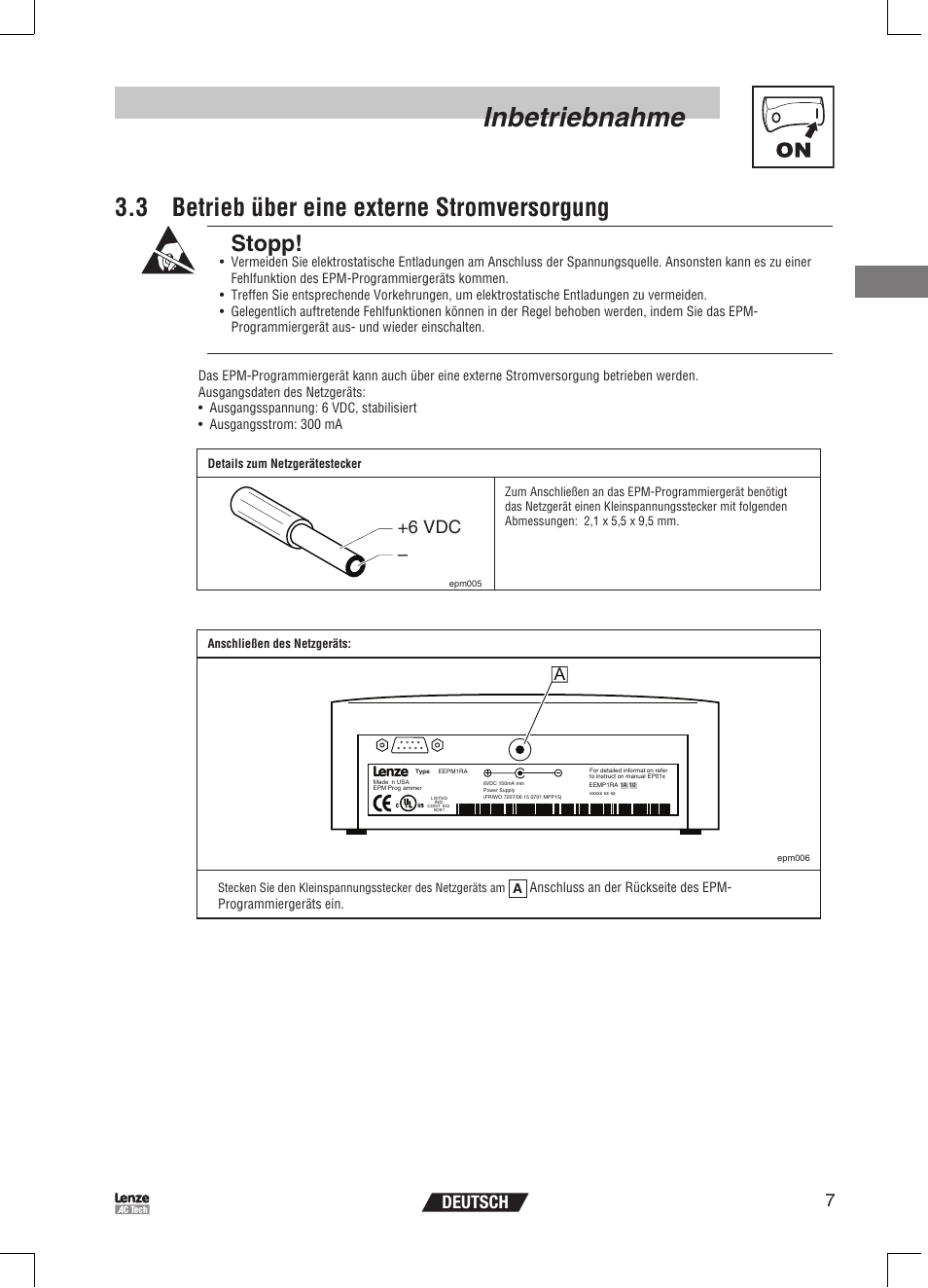 Inbetriebnahme, 3 betrieb über eine externe stromversorgung, Stopp | 7deutsch, 6 vdc | Lenze EPM Programmer EEPM1RA User Manual | Page 31 / 114