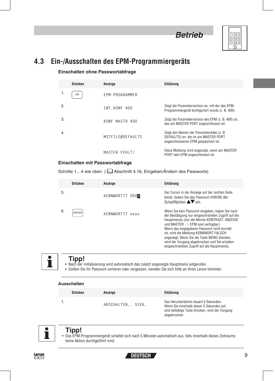 Betrieb, 3 ein-/ausschalten des epm-programmiergeräts, Tipp | 9deutsch | Lenze EPM Programmer EEPM1RA User Manual | Page 33 / 114