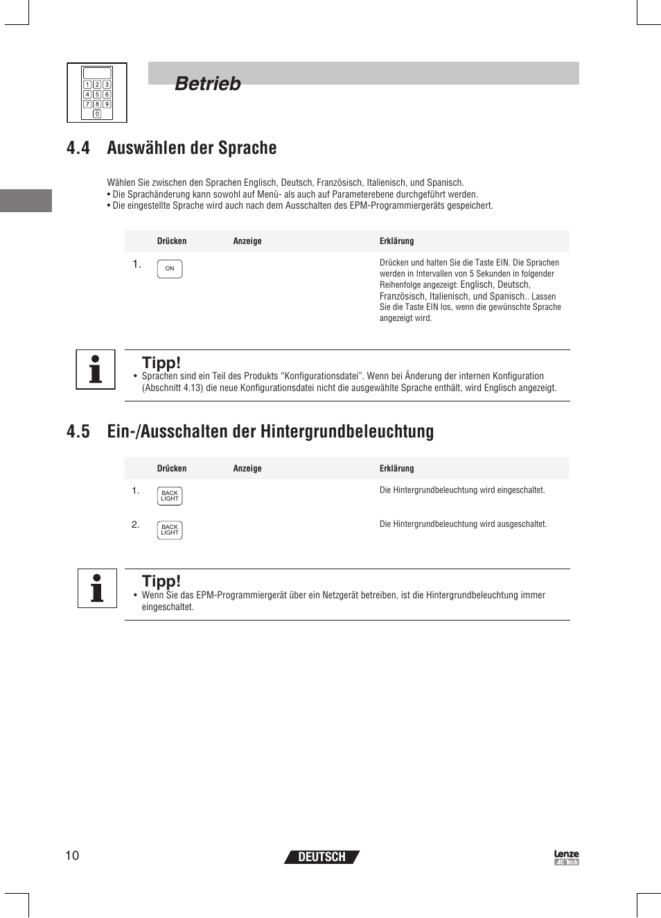 Betrieb, 4 auswählen der sprache, 5 ein-/ausschalten der hintergrundbeleuchtung | Tipp, 10 deutsch | Lenze EPM Programmer EEPM1RA User Manual | Page 34 / 114
