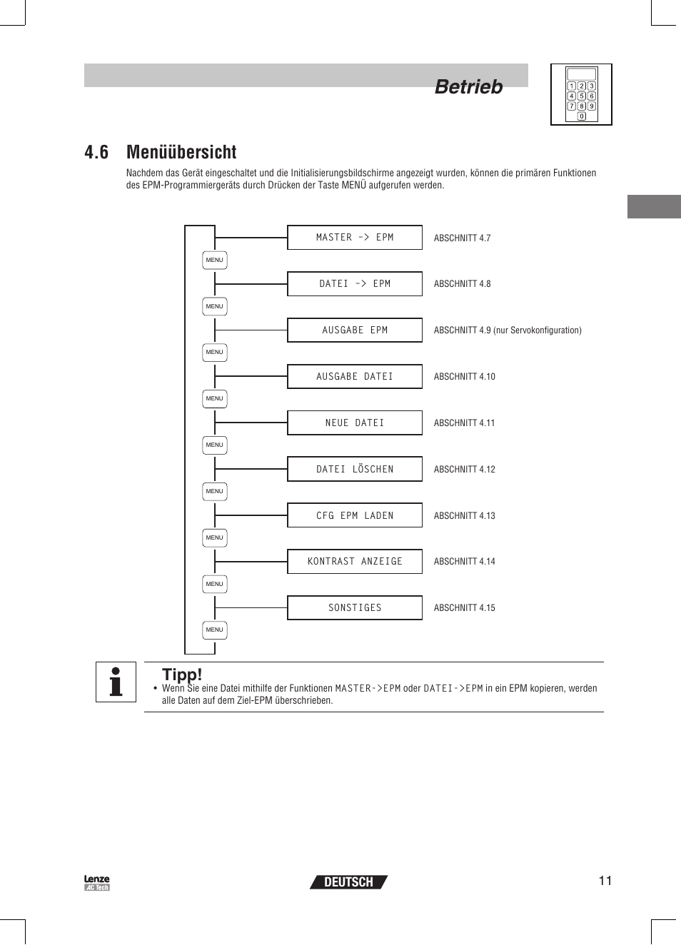 Betrieb, 6 menüübersicht, Tipp | 11 deutsch | Lenze EPM Programmer EEPM1RA User Manual | Page 35 / 114