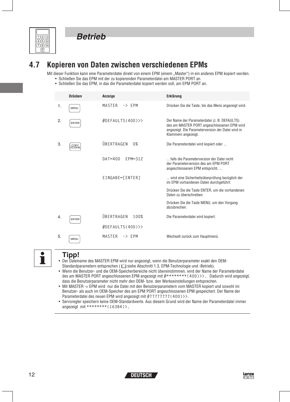 Betrieb, 7 kopieren von daten zwischen verschiedenen epms, Tipp | 12 deutsch | Lenze EPM Programmer EEPM1RA User Manual | Page 36 / 114
