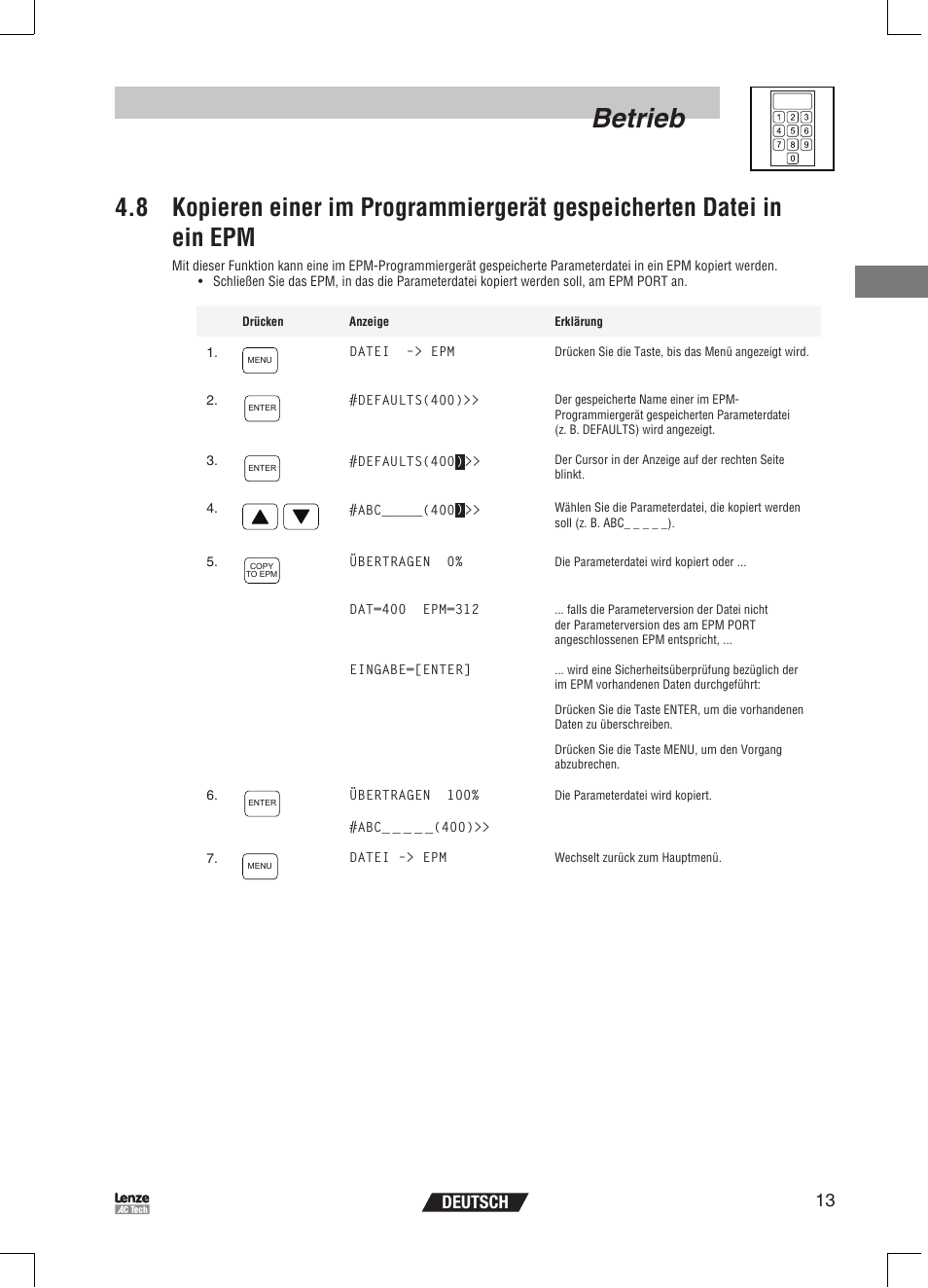 Betrieb, 13 deutsch | Lenze EPM Programmer EEPM1RA User Manual | Page 37 / 114