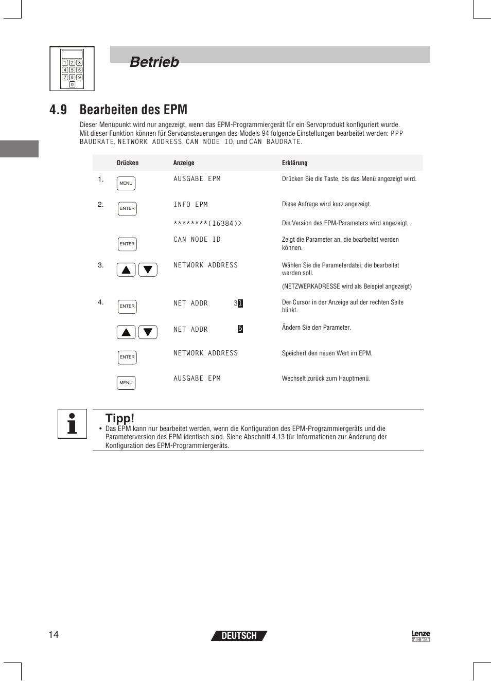 Betrieb, 9 bearbeiten des epm, Tipp | 14 deutsch | Lenze EPM Programmer EEPM1RA User Manual | Page 38 / 114
