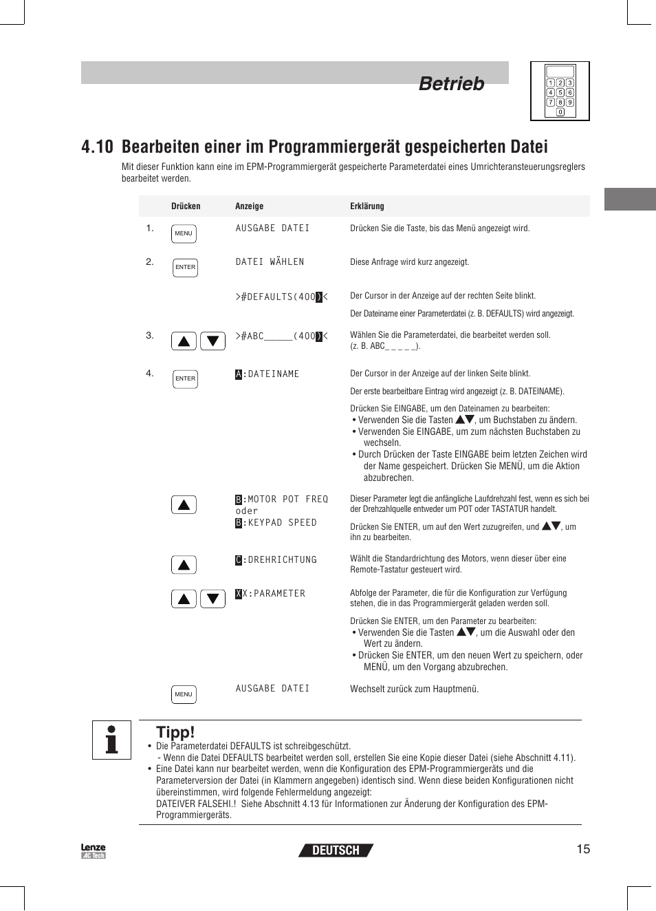 Betrieb, Tipp, 15 deutsch | Lenze EPM Programmer EEPM1RA User Manual | Page 39 / 114