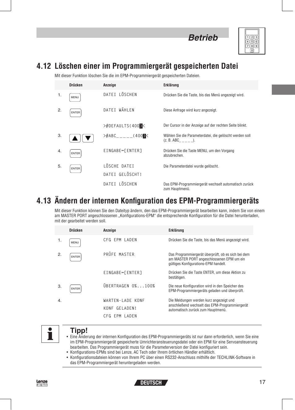 Betrieb, Tipp, 17 deutsch | Lenze EPM Programmer EEPM1RA User Manual | Page 41 / 114