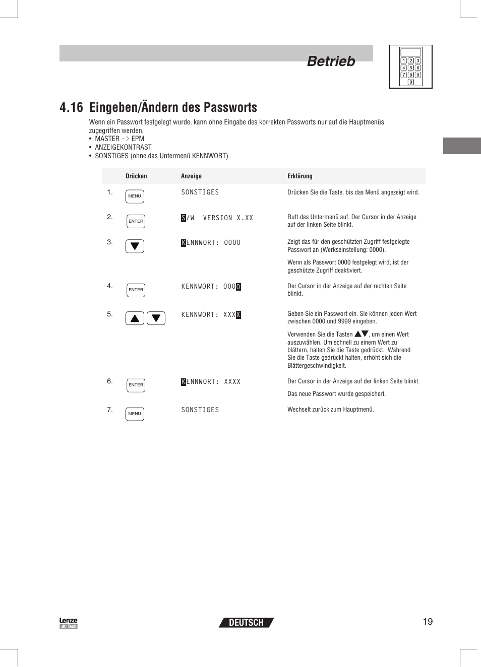 Betrieb, 16 eingeben/ändern des passworts, 19 deutsch | Lenze EPM Programmer EEPM1RA User Manual | Page 43 / 114