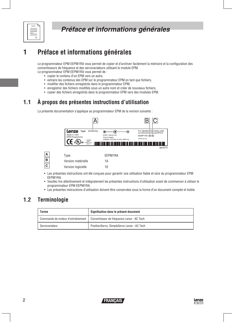 Ab c, 2 terminologie, 2français | Lenze EPM Programmer EEPM1RA User Manual | Page 48 / 114