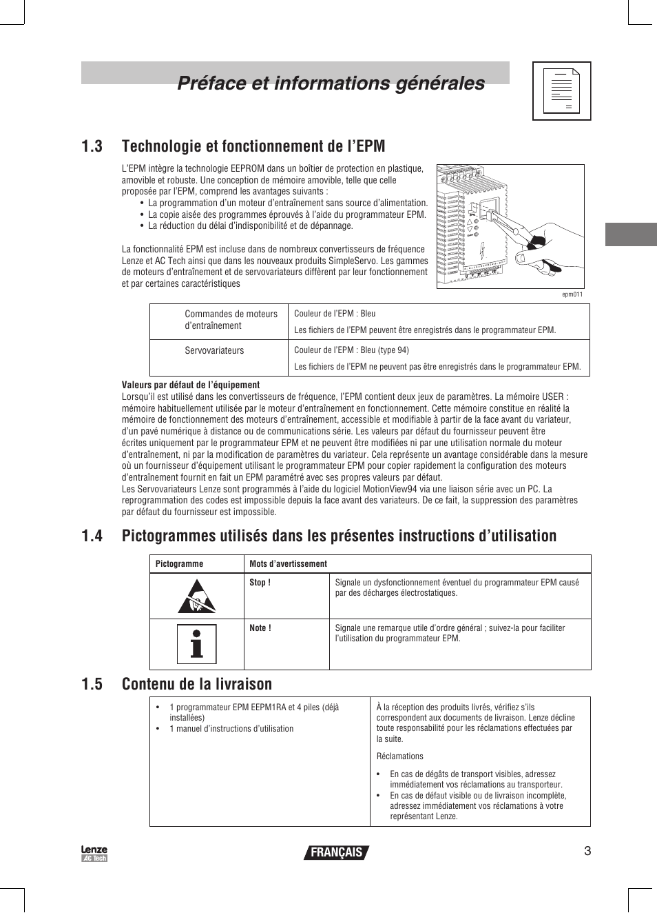 Préface et informations générales, 3 technologie et fonctionnement de l’epm, 5 contenu de la livraison | 3français | Lenze EPM Programmer EEPM1RA User Manual | Page 49 / 114