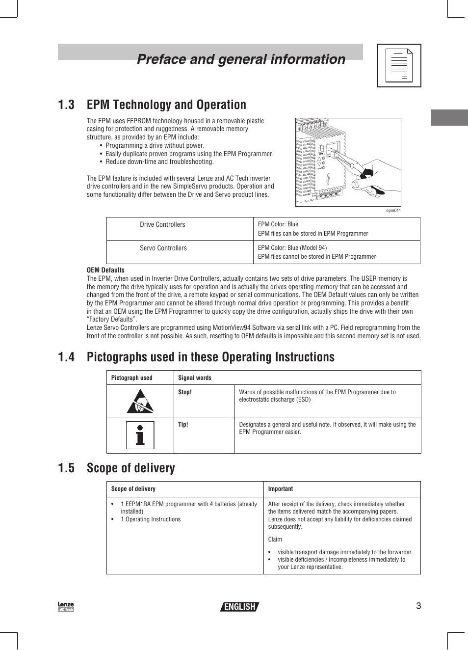 Preface and general information, 3 epm technology and operation, 4 pictographs used in these operating instructions | 5 scope of delivery, 3english | Lenze EPM Programmer EEPM1RA User Manual | Page 5 / 114