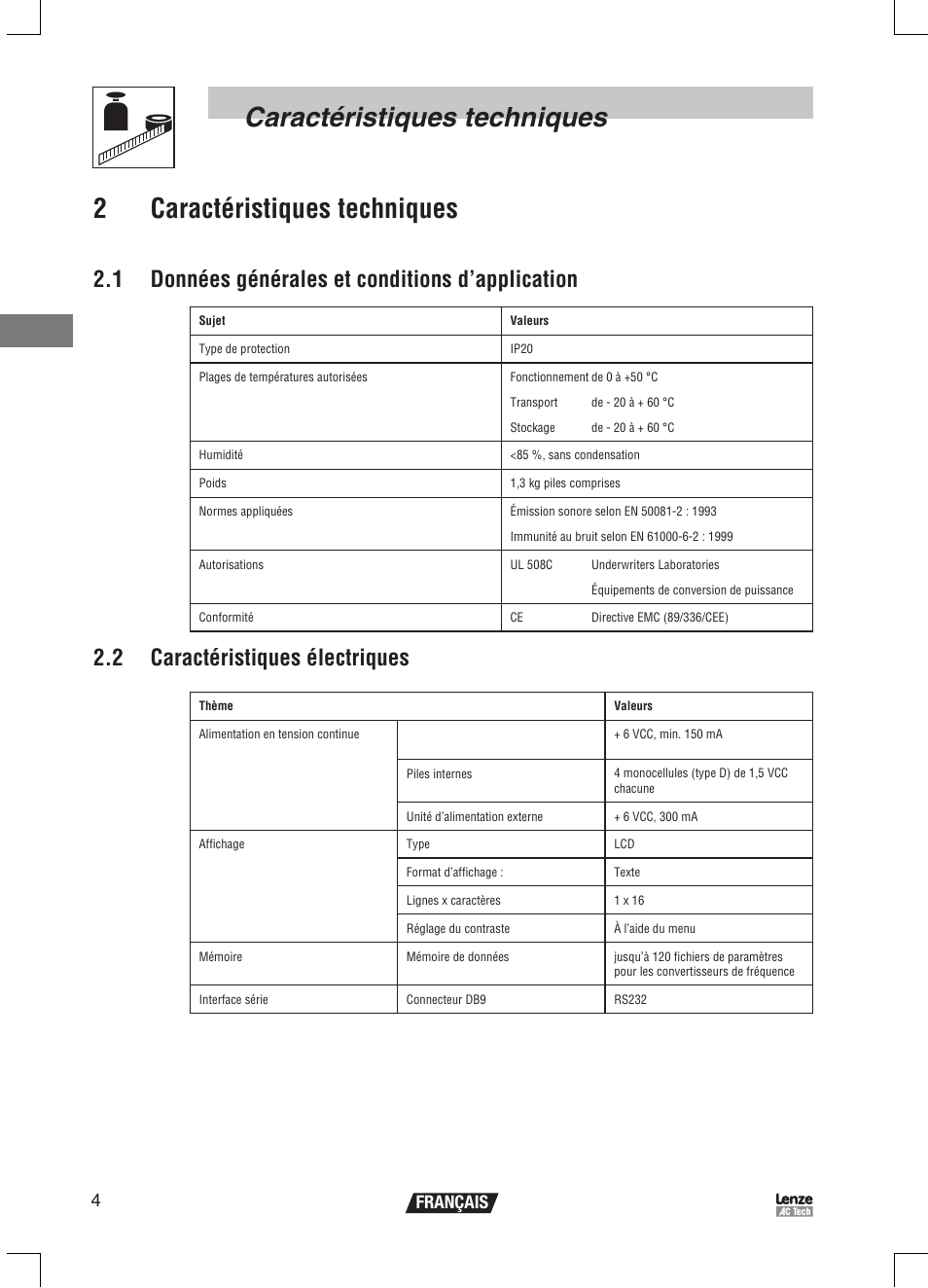 1 données générales et conditions d’application, 2 caractéristiques électriques, 4français | Lenze EPM Programmer EEPM1RA User Manual | Page 50 / 114