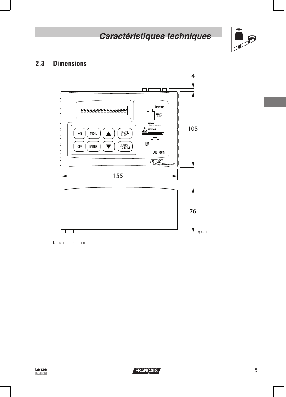Caractéristiques techniques, 3 dimensions | Lenze EPM Programmer EEPM1RA User Manual | Page 51 / 114