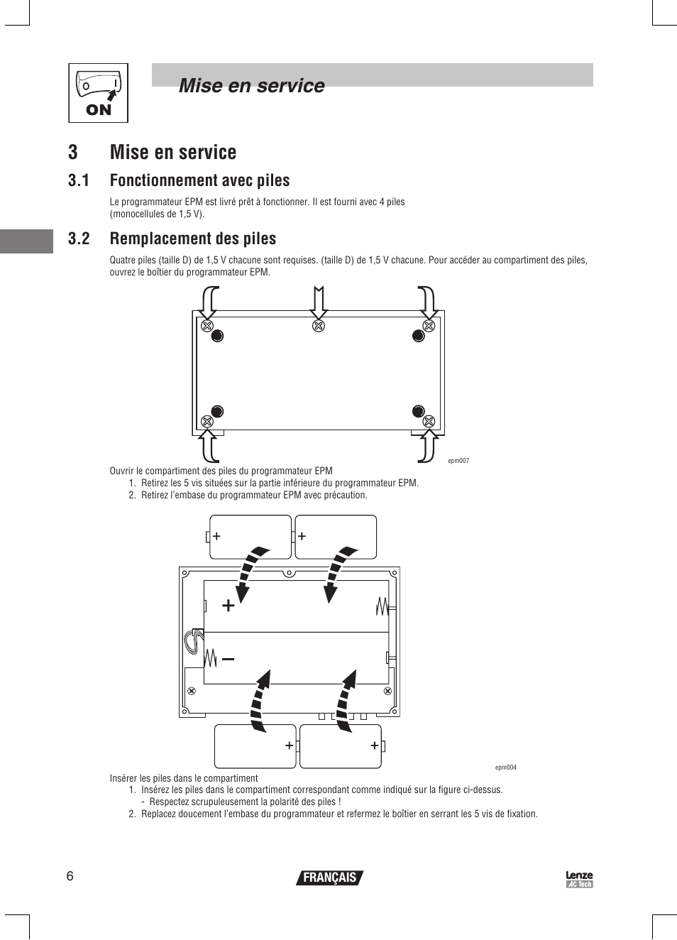 Mise en service 3 mise en service, 1 fonctionnement avec piles, 2 remplacement des piles | Lenze EPM Programmer EEPM1RA User Manual | Page 52 / 114