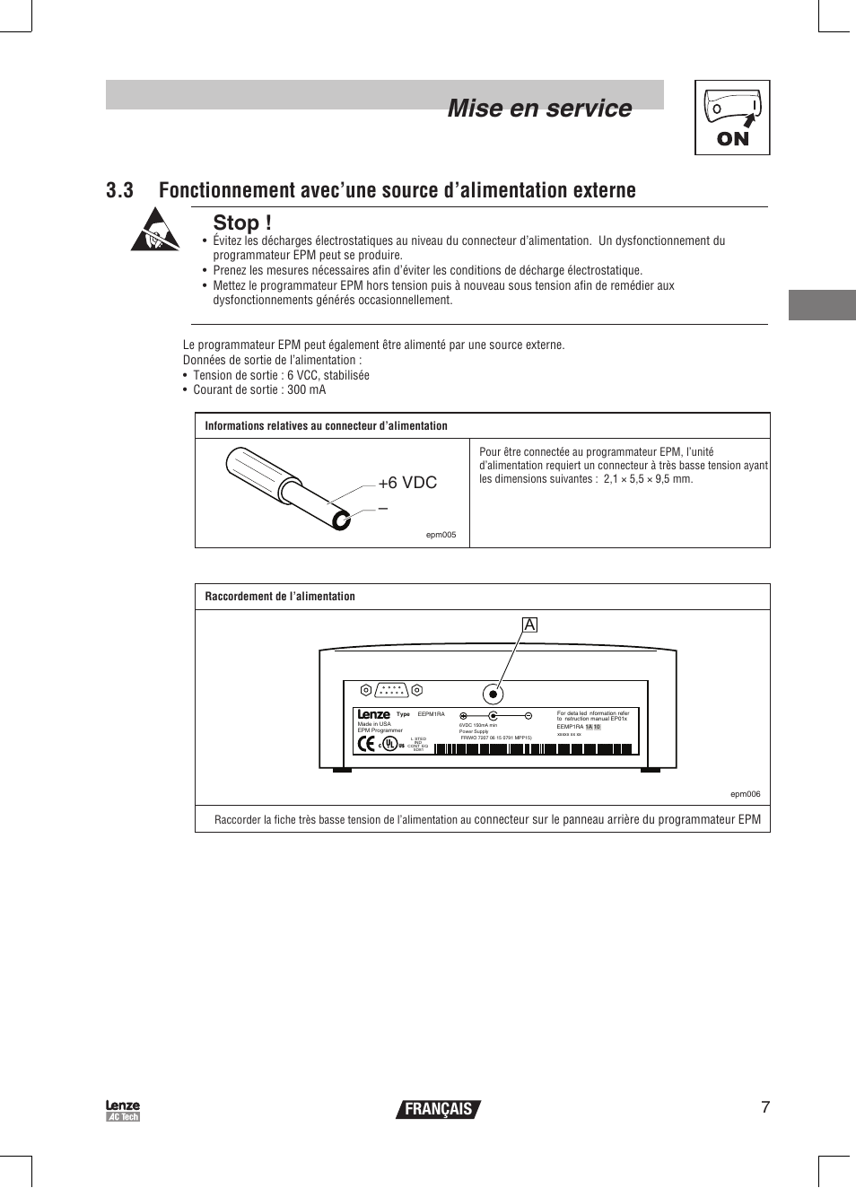 Mise en service, Stop, 7français | 6 vdc | Lenze EPM Programmer EEPM1RA User Manual | Page 53 / 114