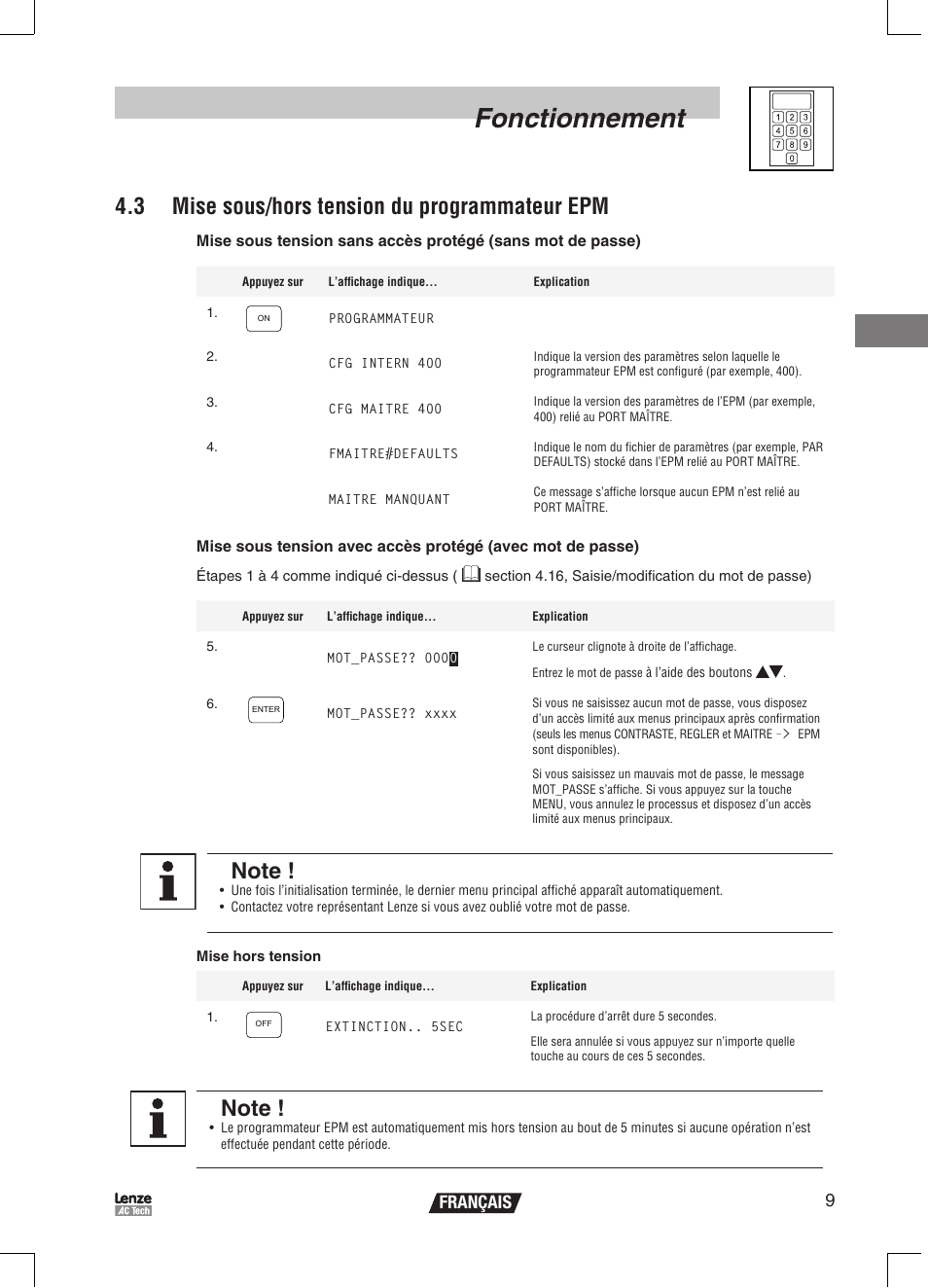Fonctionnement, 3 mise sous/hors tension du programmateur epm, 9français | Lenze EPM Programmer EEPM1RA User Manual | Page 55 / 114