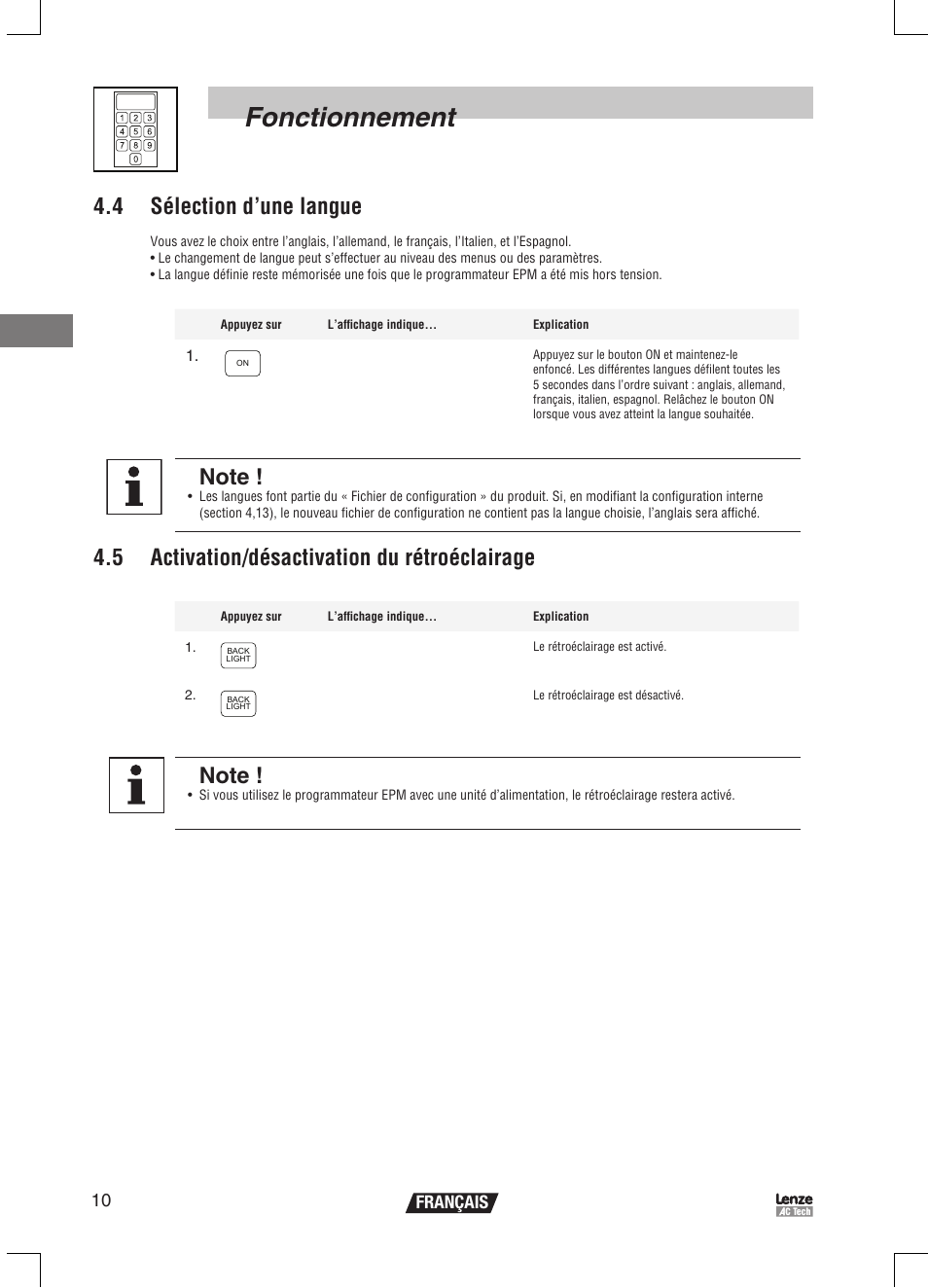 Fonctionnement, 4 sélection d’une langue, 5 activation/désactivation du rétroéclairage | 10 français | Lenze EPM Programmer EEPM1RA User Manual | Page 56 / 114
