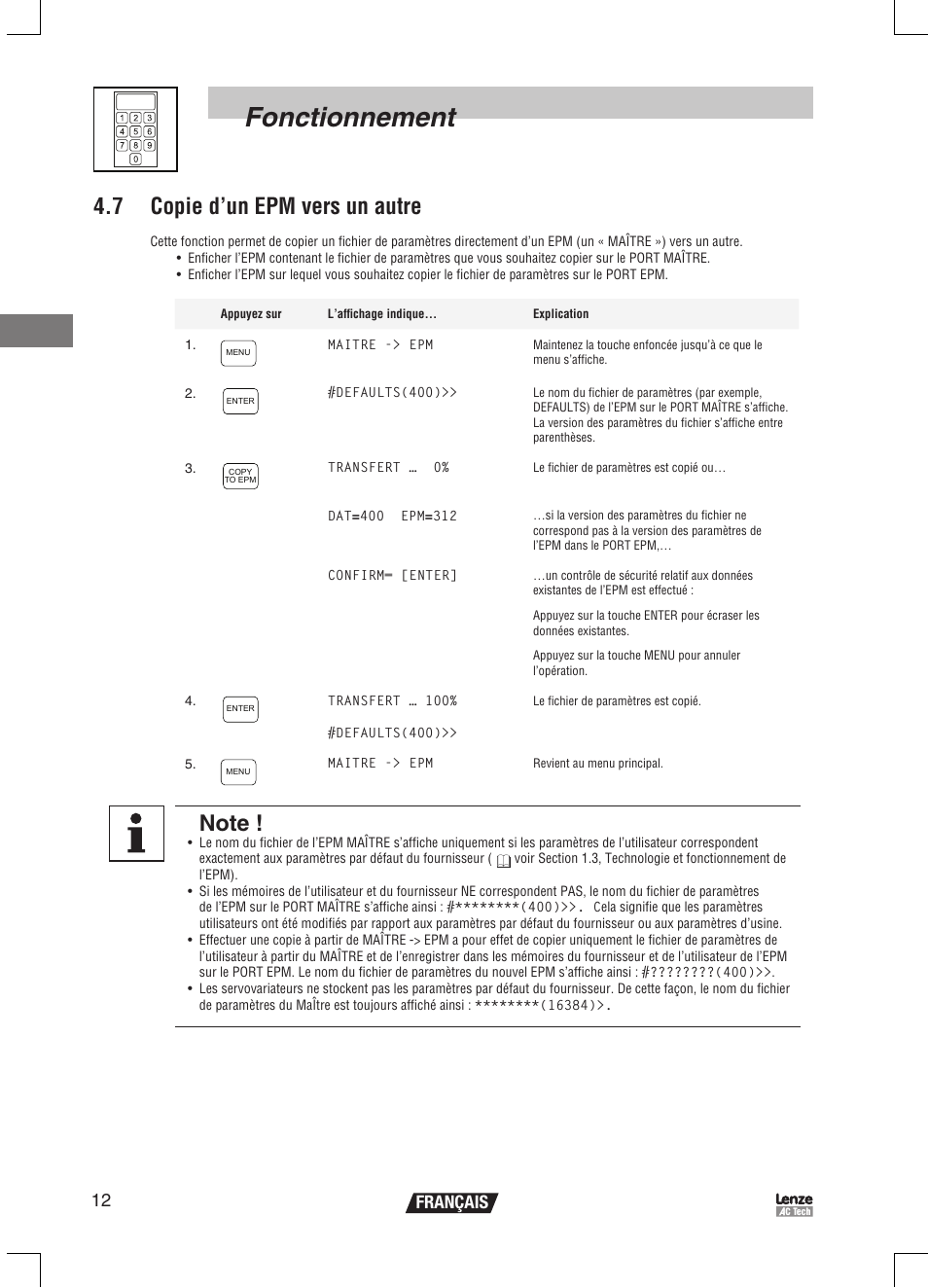 Fonctionnement, 7 copie d’un epm vers un autre, 12 français | Lenze EPM Programmer EEPM1RA User Manual | Page 58 / 114