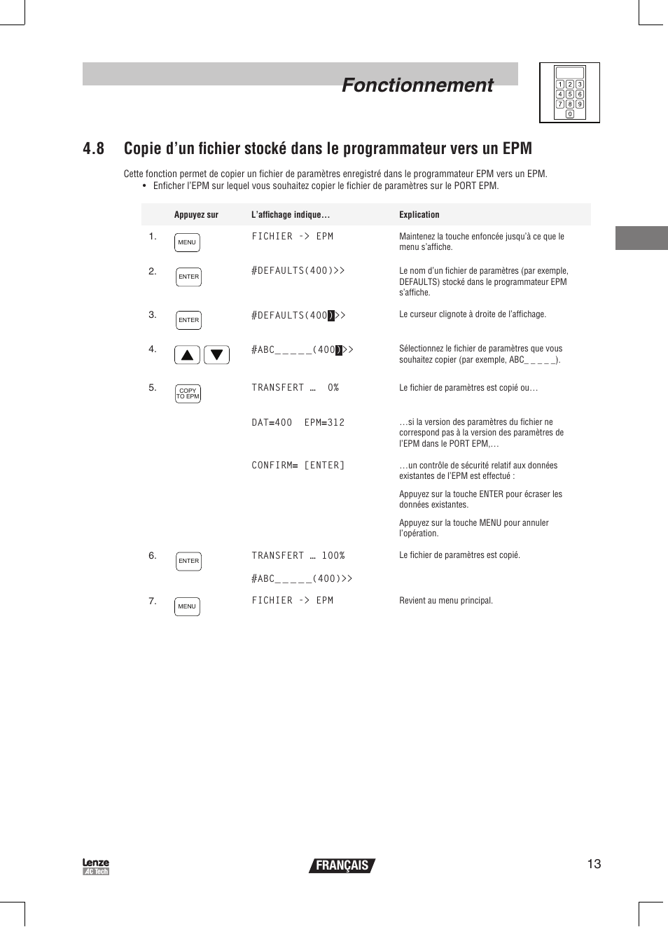 Fonctionnement, 13 français | Lenze EPM Programmer EEPM1RA User Manual | Page 59 / 114