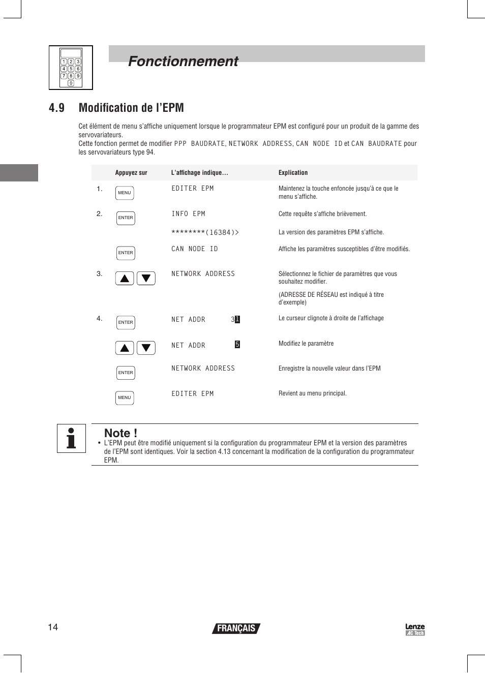 Fonctionnement, 9 modification de l’epm, 14 français | Lenze EPM Programmer EEPM1RA User Manual | Page 60 / 114