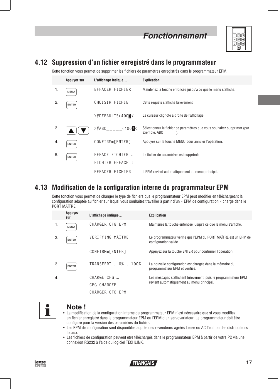 Fonctionnement, 17 français | Lenze EPM Programmer EEPM1RA User Manual | Page 63 / 114