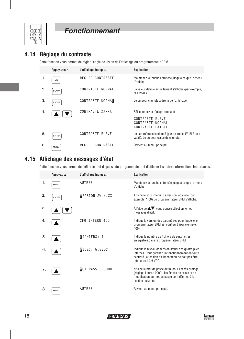 Fonctionnement, 14 réglage du contraste, 15 affichage des messages d’état | 18 français | Lenze EPM Programmer EEPM1RA User Manual | Page 64 / 114