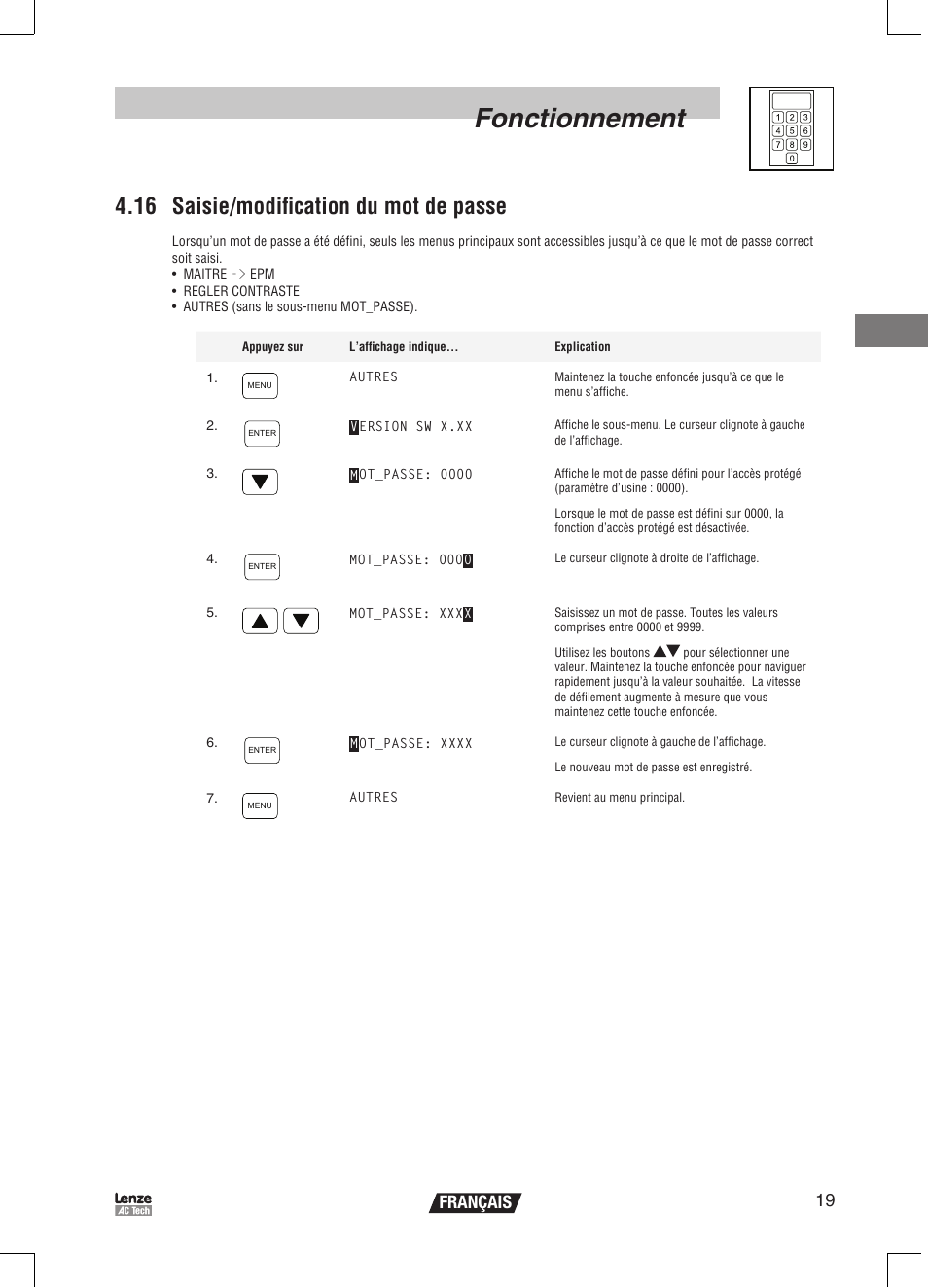 Fonctionnement, 16 saisie/modification du mot de passe, 19 français | Lenze EPM Programmer EEPM1RA User Manual | Page 65 / 114