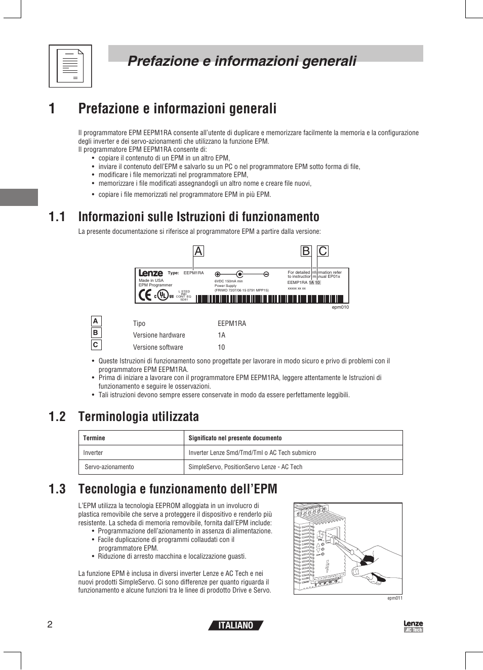 1 informazioni sulle istruzioni di funzionamento, 2 terminologia utilizzata, 3 tecnologia e funzionamento dell’epm | Ab c, 2italiano | Lenze EPM Programmer EEPM1RA User Manual | Page 70 / 114