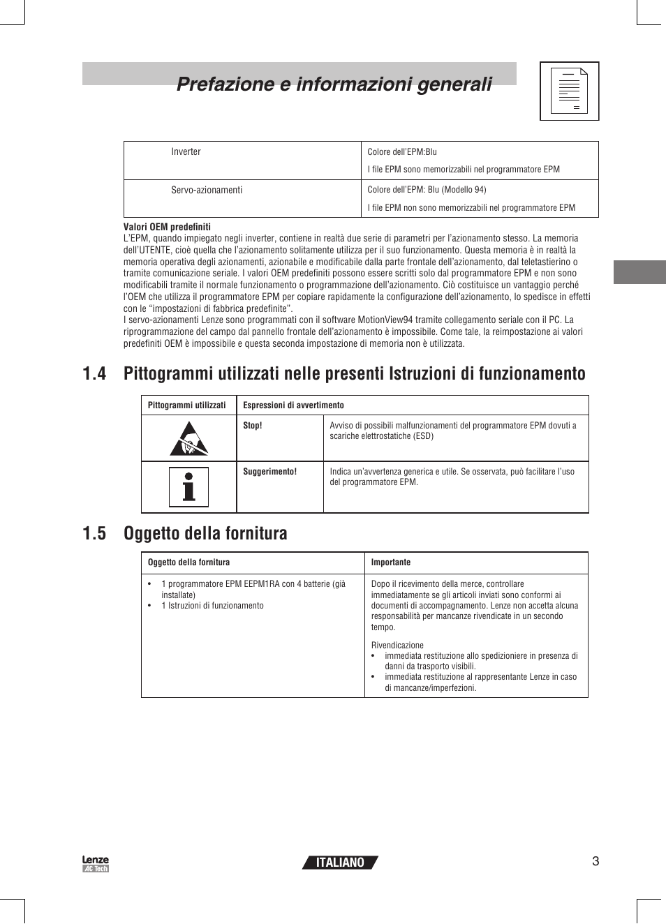 Prefazione e informazioni generali, 5 oggetto della fornitura, 3italiano | Lenze EPM Programmer EEPM1RA User Manual | Page 71 / 114