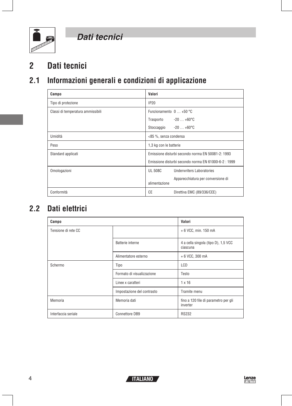 Dati tecnici 2 dati tecnici, 2 dati elettrici, 4italiano | Lenze EPM Programmer EEPM1RA User Manual | Page 72 / 114