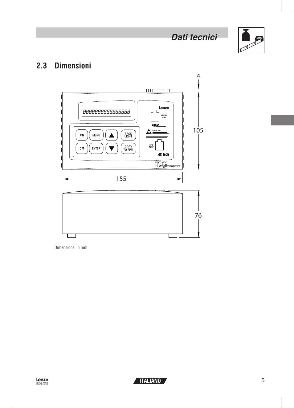 Dati tecnici, 3 dimensioni | Lenze EPM Programmer EEPM1RA User Manual | Page 73 / 114