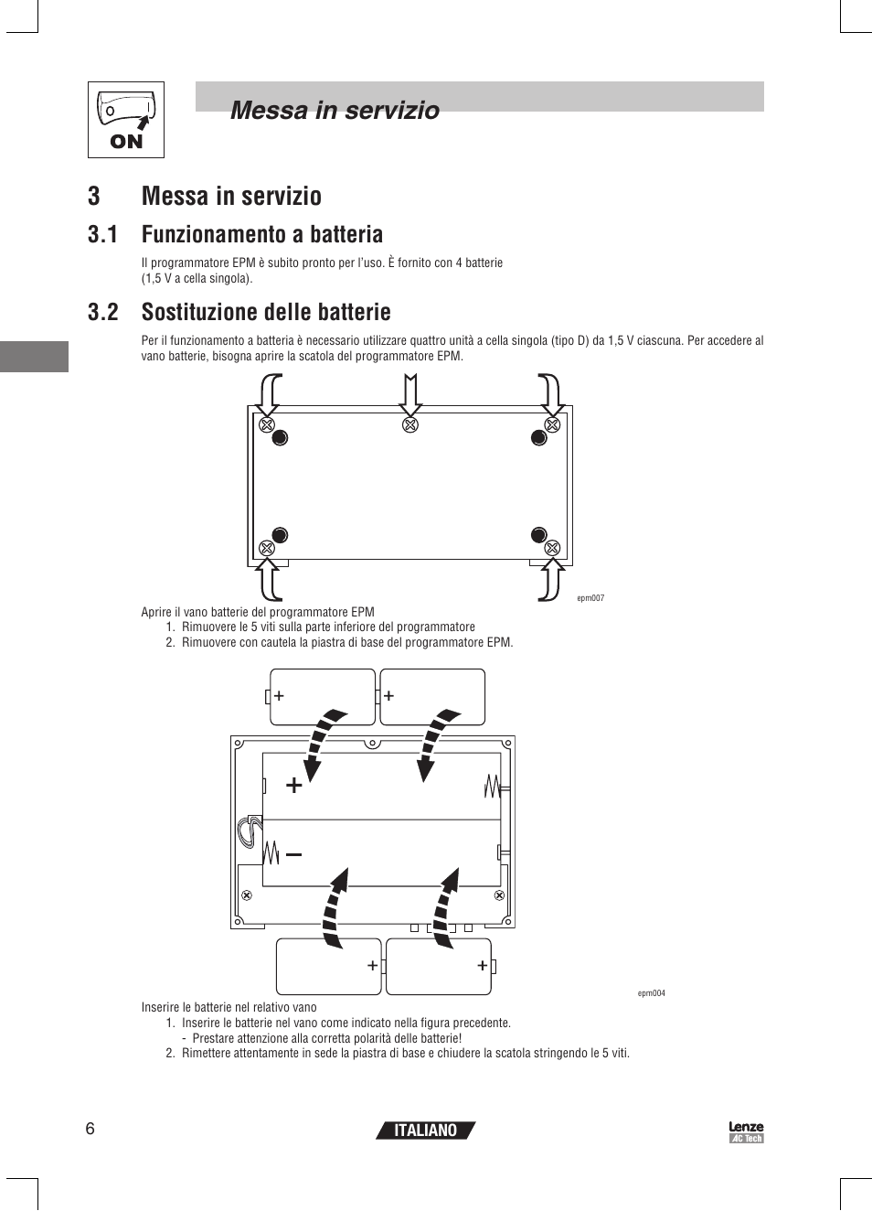 Messa in servizio 3 messa in servizio, 1 funzionamento a batteria, 2 sostituzione delle batterie | Lenze EPM Programmer EEPM1RA User Manual | Page 74 / 114
