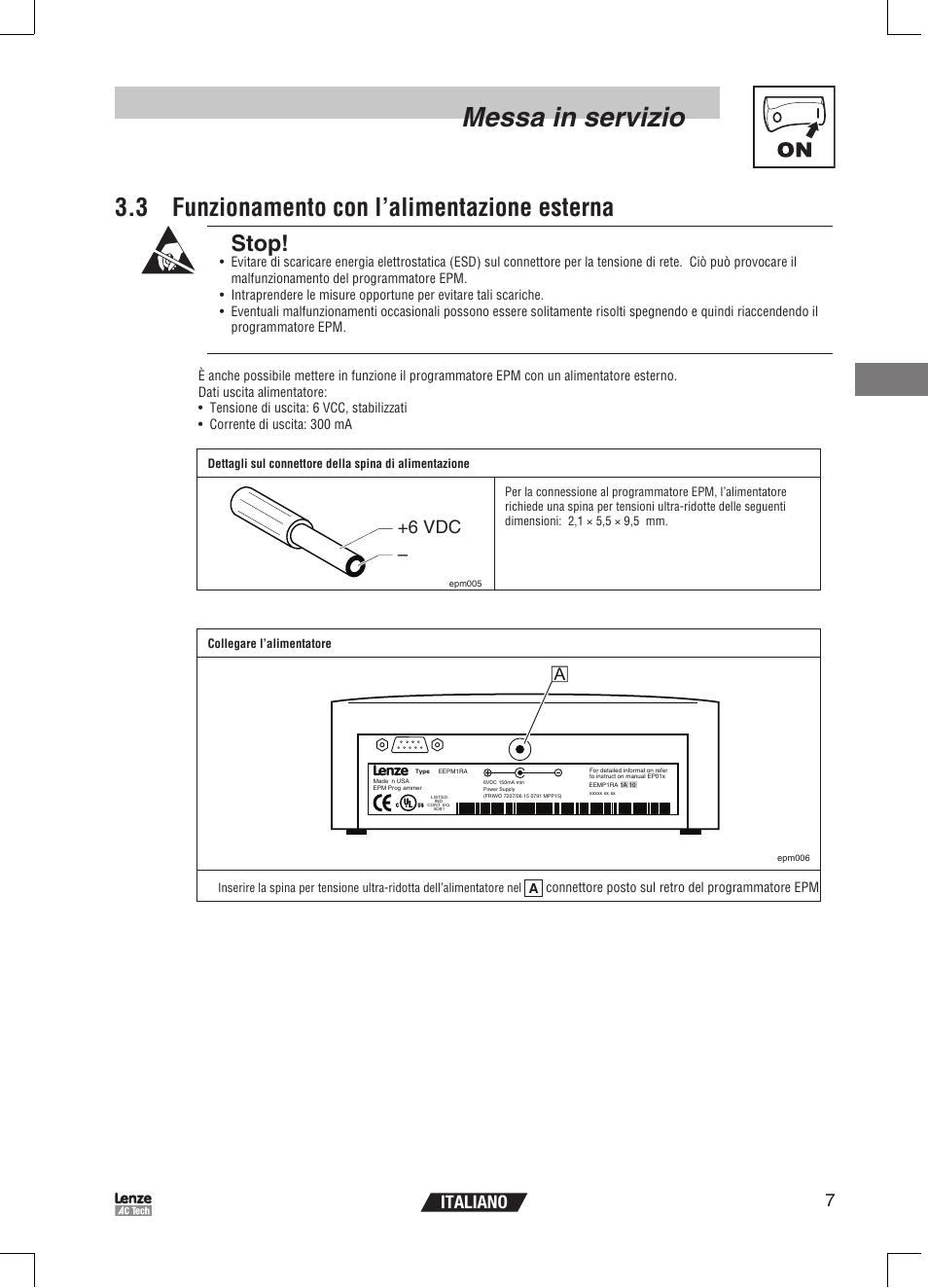 Messa in servizio, 3 funzionamento con l’alimentazione esterna, Stop | 7italiano, 6 vdc | Lenze EPM Programmer EEPM1RA User Manual | Page 75 / 114