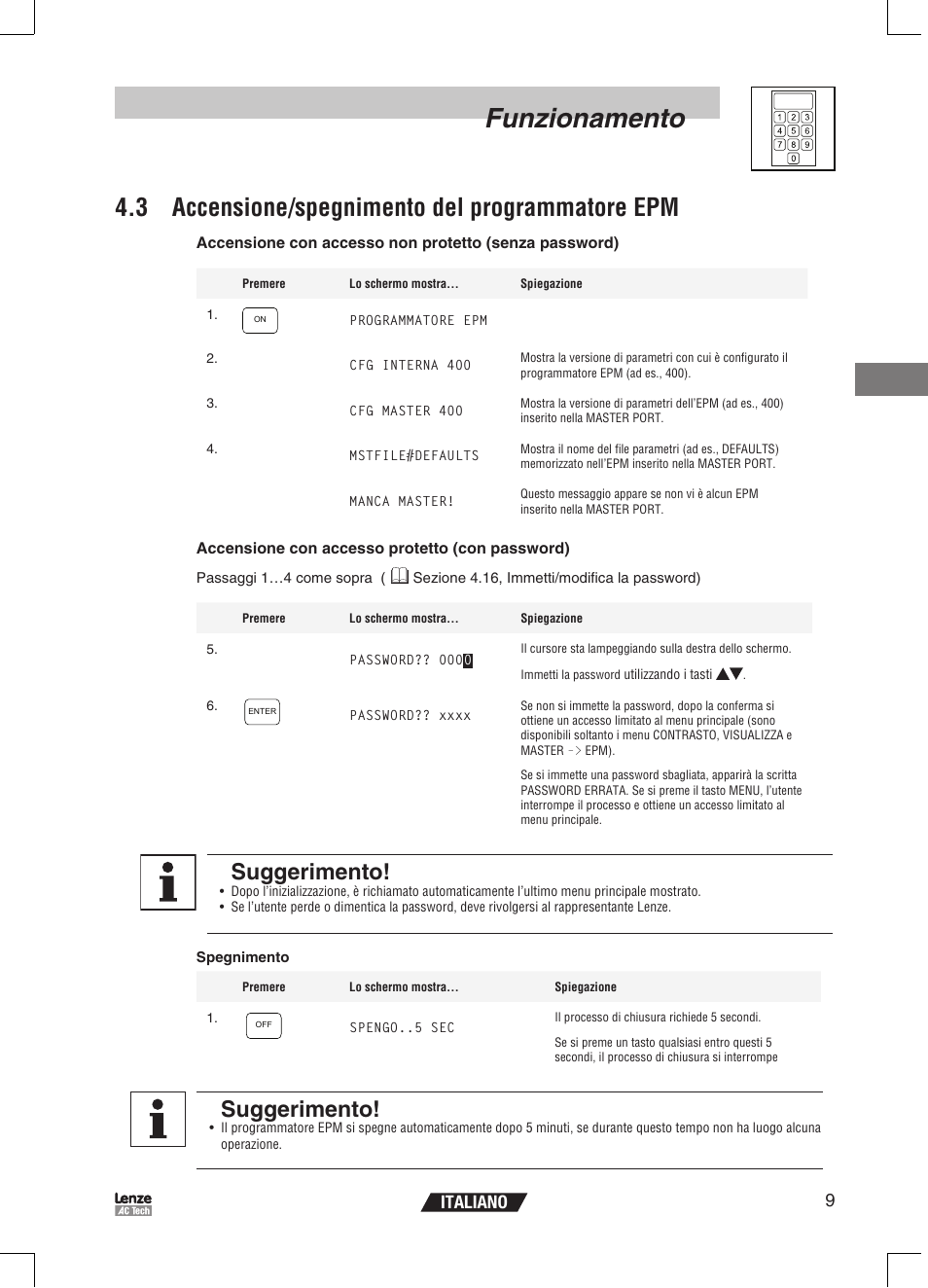 Funzionamento, 3 accensione/spegnimento del programmatore epm, Suggerimento | 9italiano | Lenze EPM Programmer EEPM1RA User Manual | Page 77 / 114