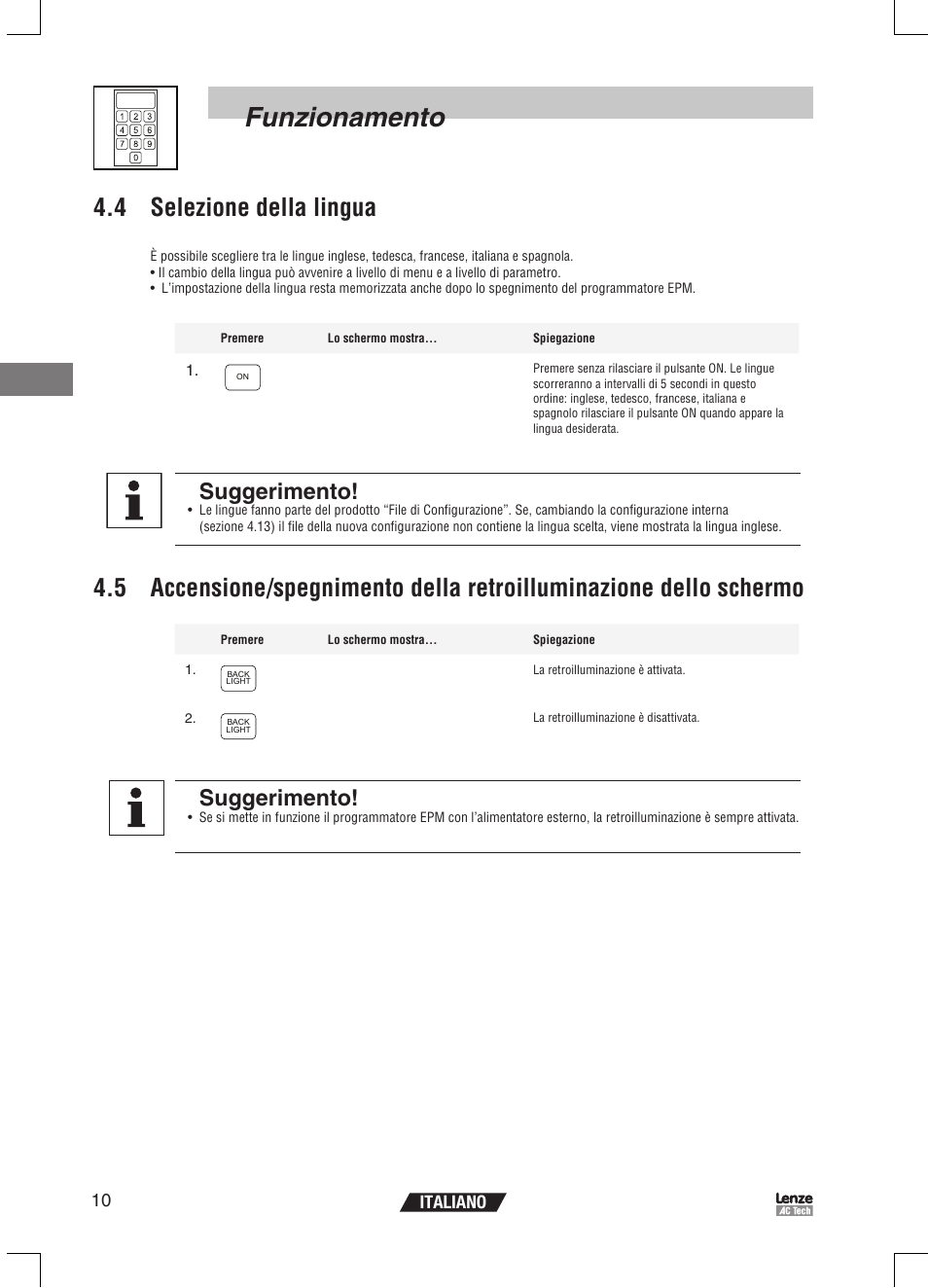 Funzionamento, 4 selezione della lingua, Suggerimento | 10 italiano | Lenze EPM Programmer EEPM1RA User Manual | Page 78 / 114