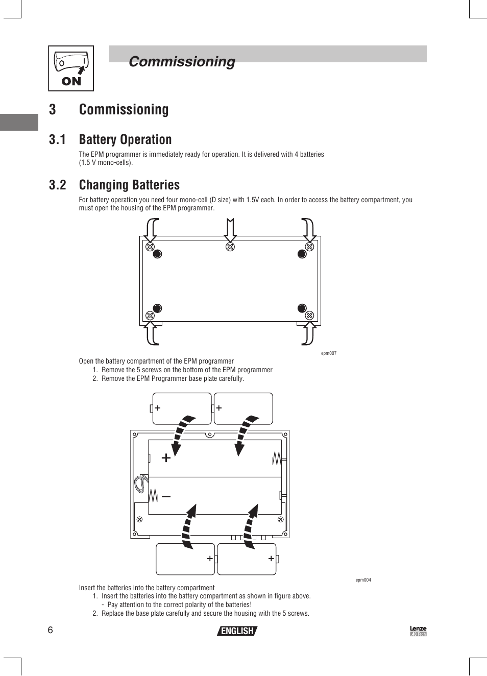 Commissioning 3 commissioning, 1 battery operation, 2 changing batteries | Lenze EPM Programmer EEPM1RA User Manual | Page 8 / 114