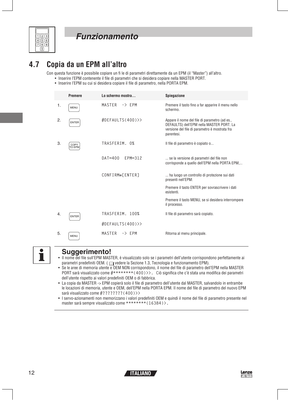 Funzionamento, 7 copia da un epm all’altro, Suggerimento | 12 italiano | Lenze EPM Programmer EEPM1RA User Manual | Page 80 / 114