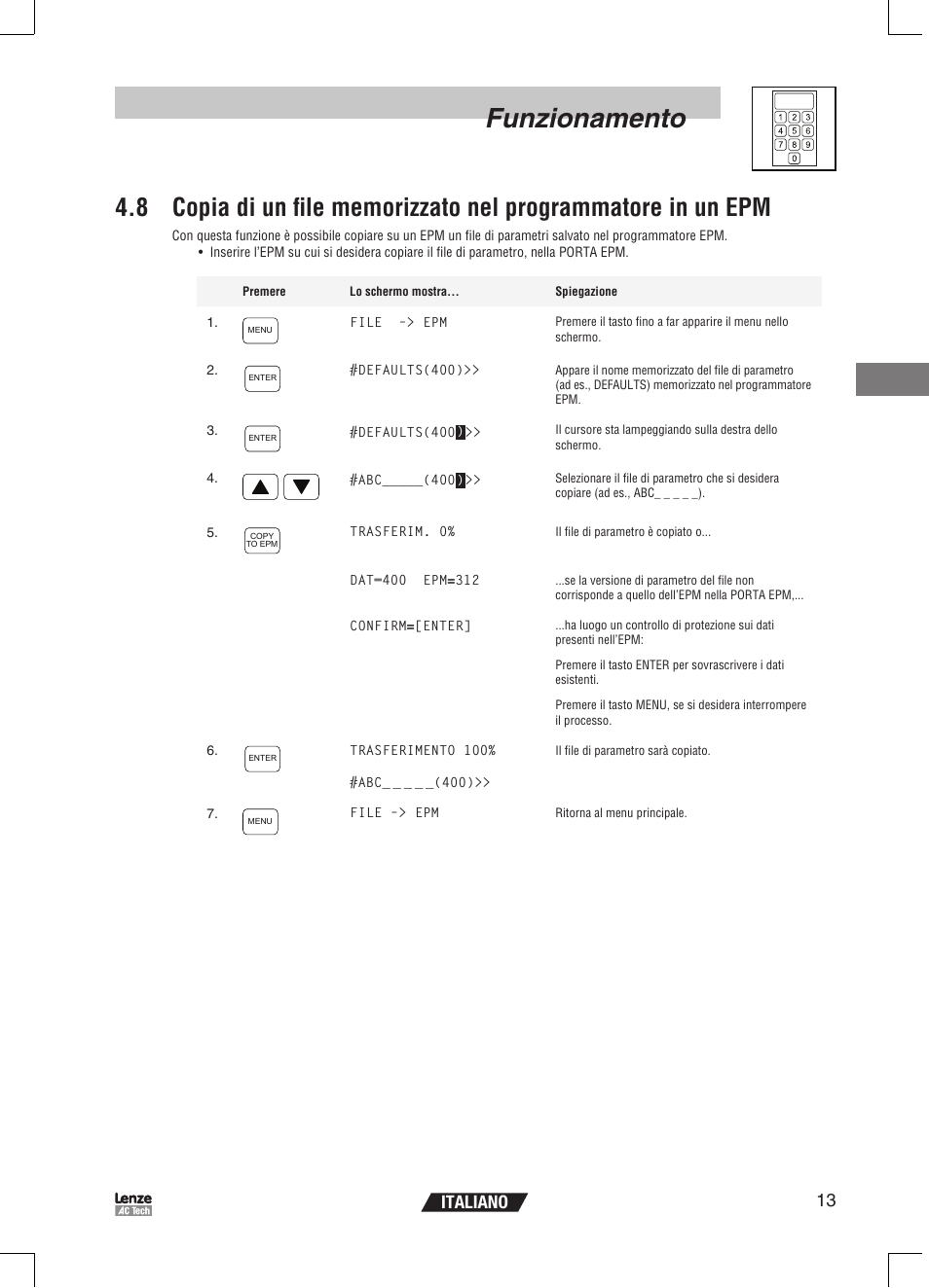 Funzionamento, 13 italiano | Lenze EPM Programmer EEPM1RA User Manual | Page 81 / 114