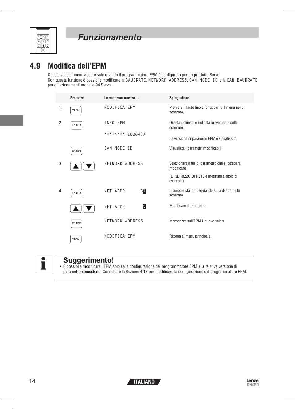 Funzionamento, 9 modifica dell’epm, Suggerimento | 14 italiano | Lenze EPM Programmer EEPM1RA User Manual | Page 82 / 114