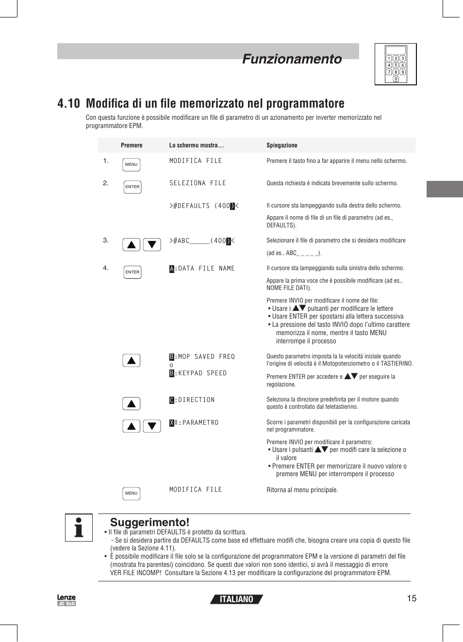 Funzionamento, Suggerimento, 15 italiano | Lenze EPM Programmer EEPM1RA User Manual | Page 83 / 114