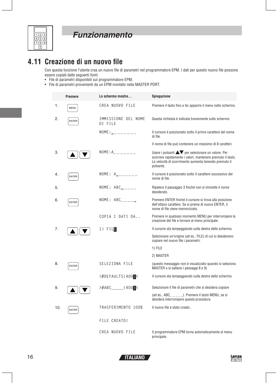 Funzionamento, 11 creazione di un nuovo file, 16 italiano | Lenze EPM Programmer EEPM1RA User Manual | Page 84 / 114