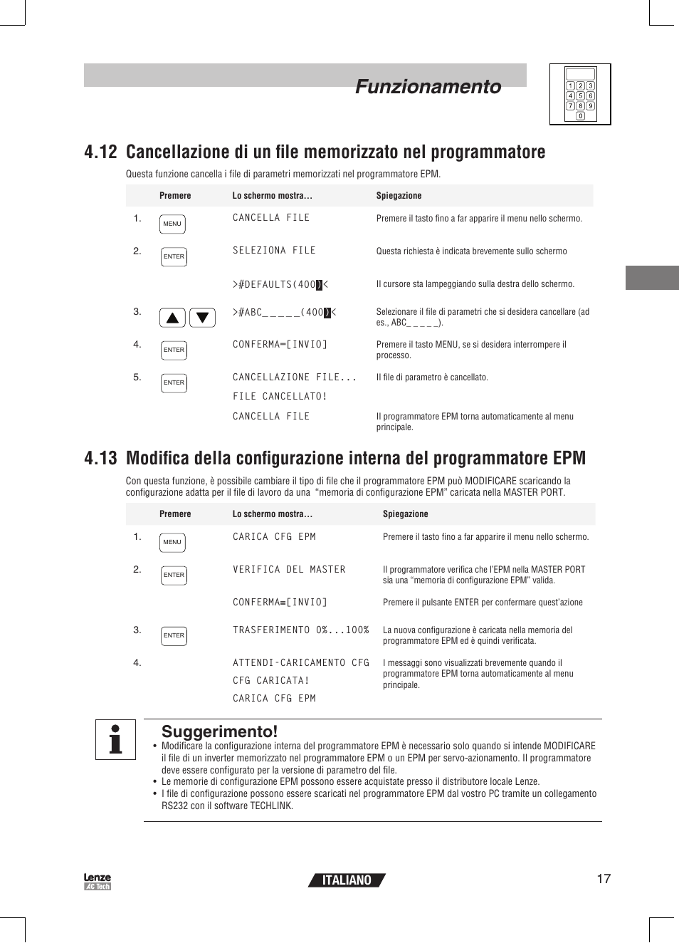 Funzionamento, Suggerimento, 17 italiano | Lenze EPM Programmer EEPM1RA User Manual | Page 85 / 114