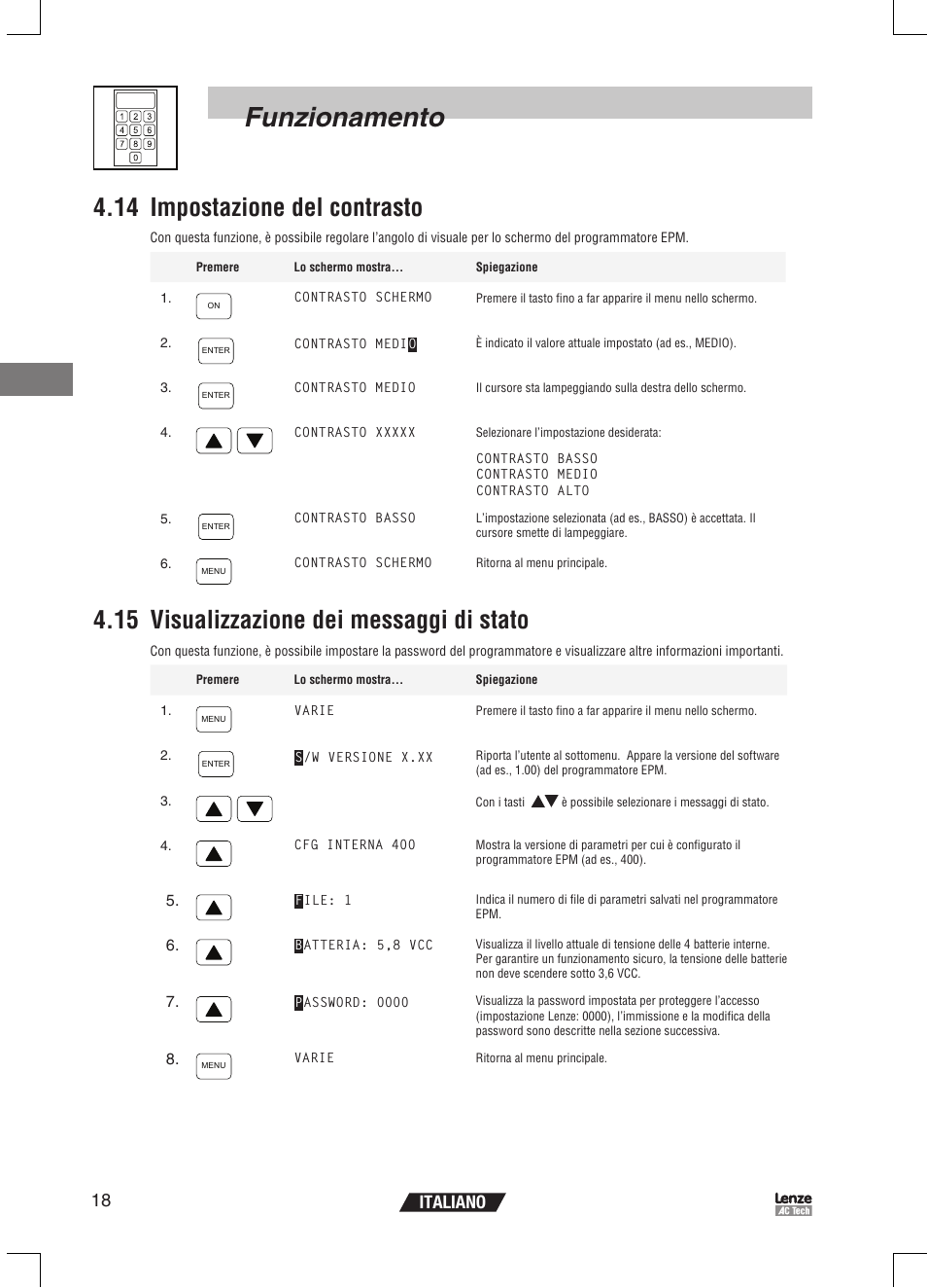 Funzionamento, 14 impostazione del contrasto, 15 visualizzazione dei messaggi di stato | 18 italiano | Lenze EPM Programmer EEPM1RA User Manual | Page 86 / 114